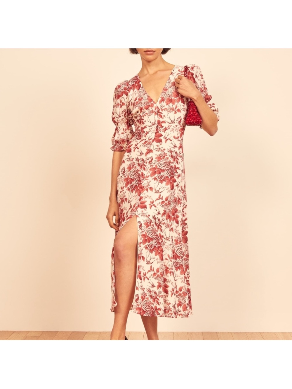 reformation floral red midi short sleeve toile de jouy larchmont